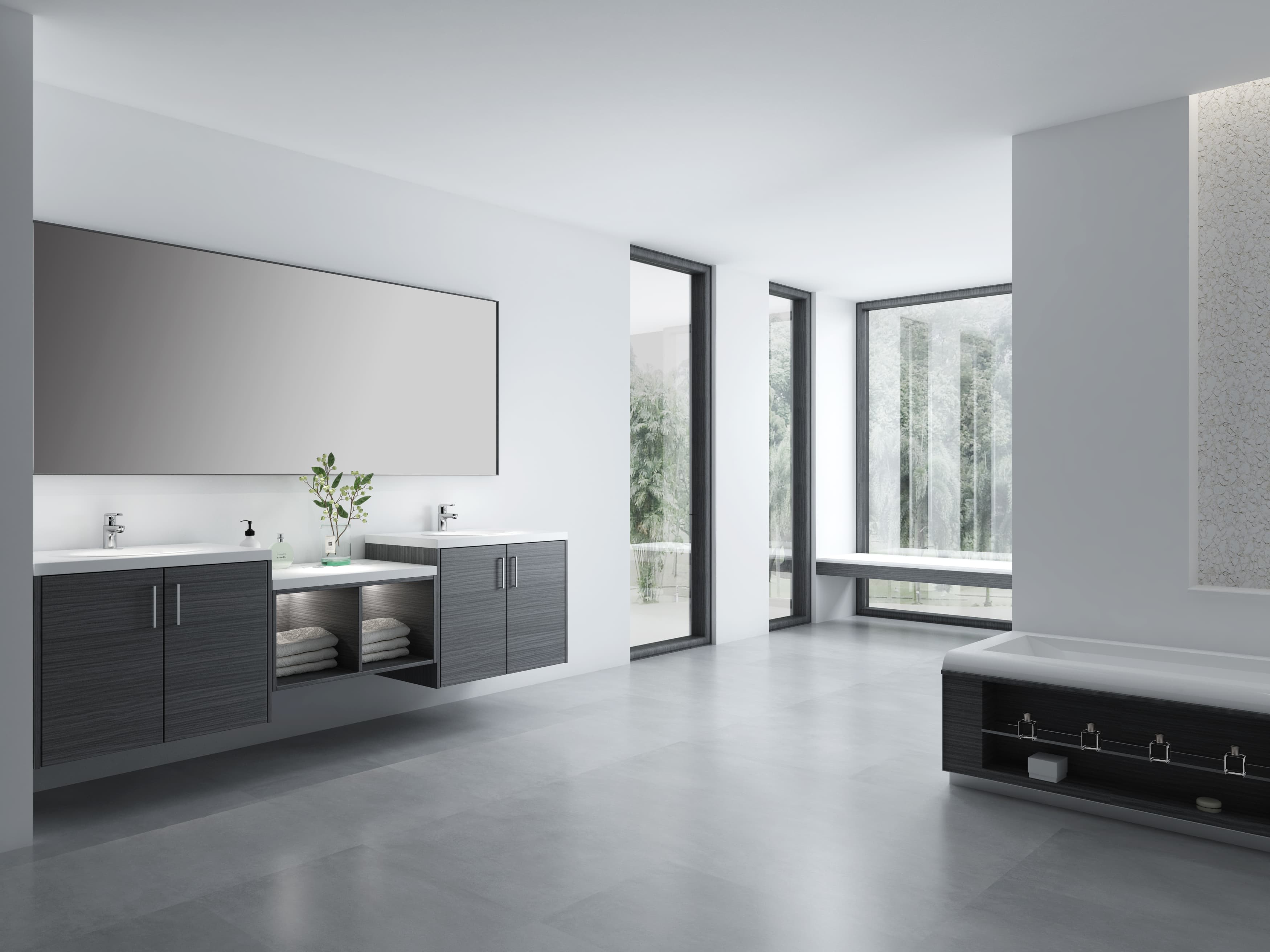 Dark wood vanity with vessel sinks