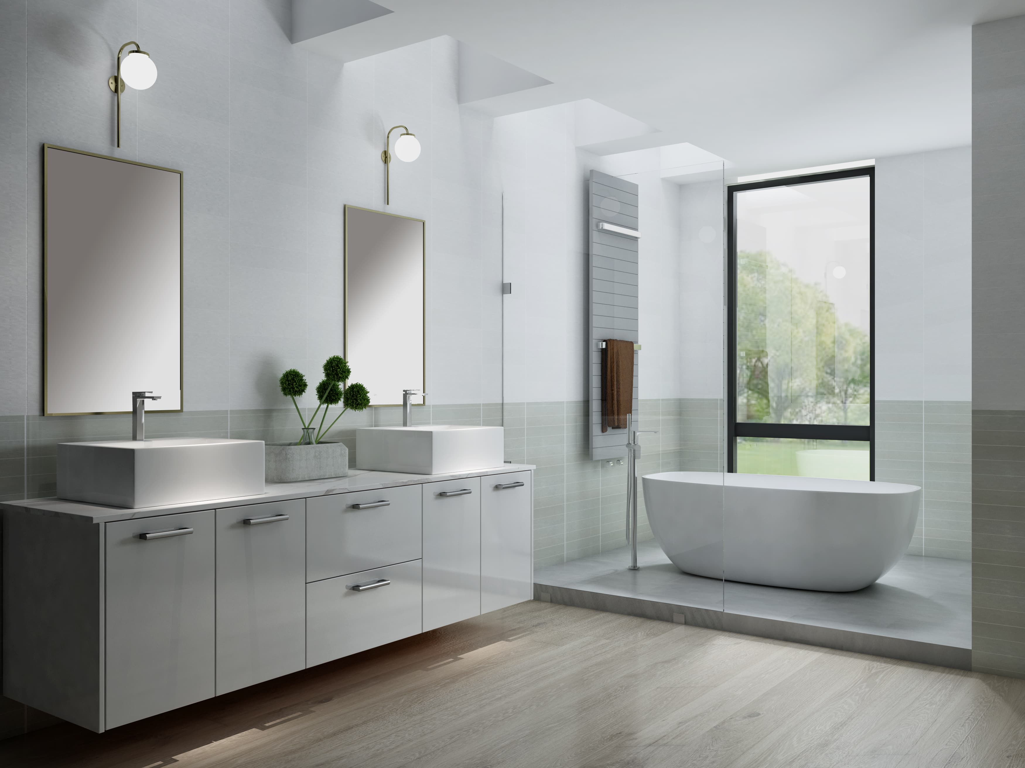 Glossy white floating vanity with tub