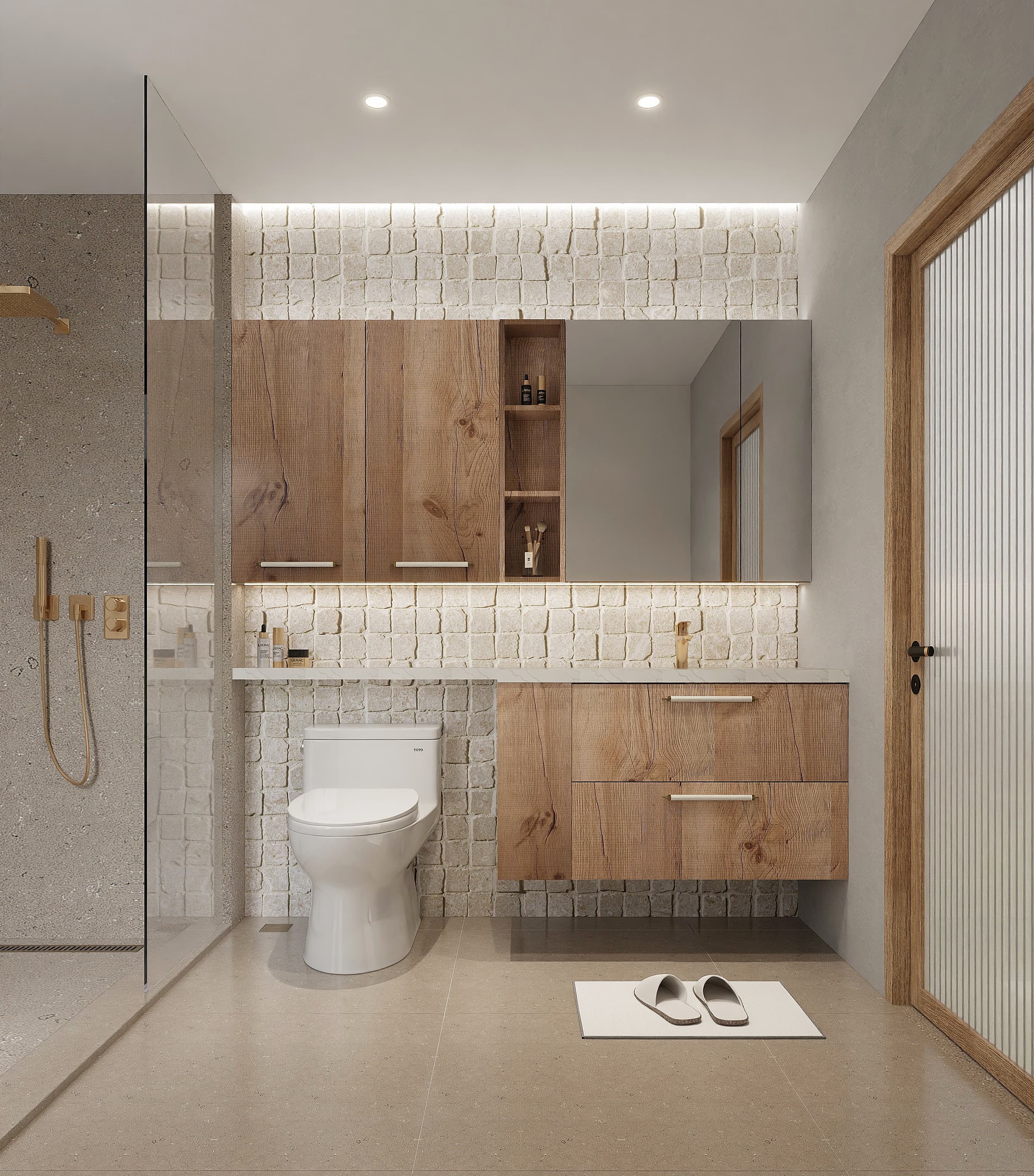 White vanity with open shelving in a bright bathroom