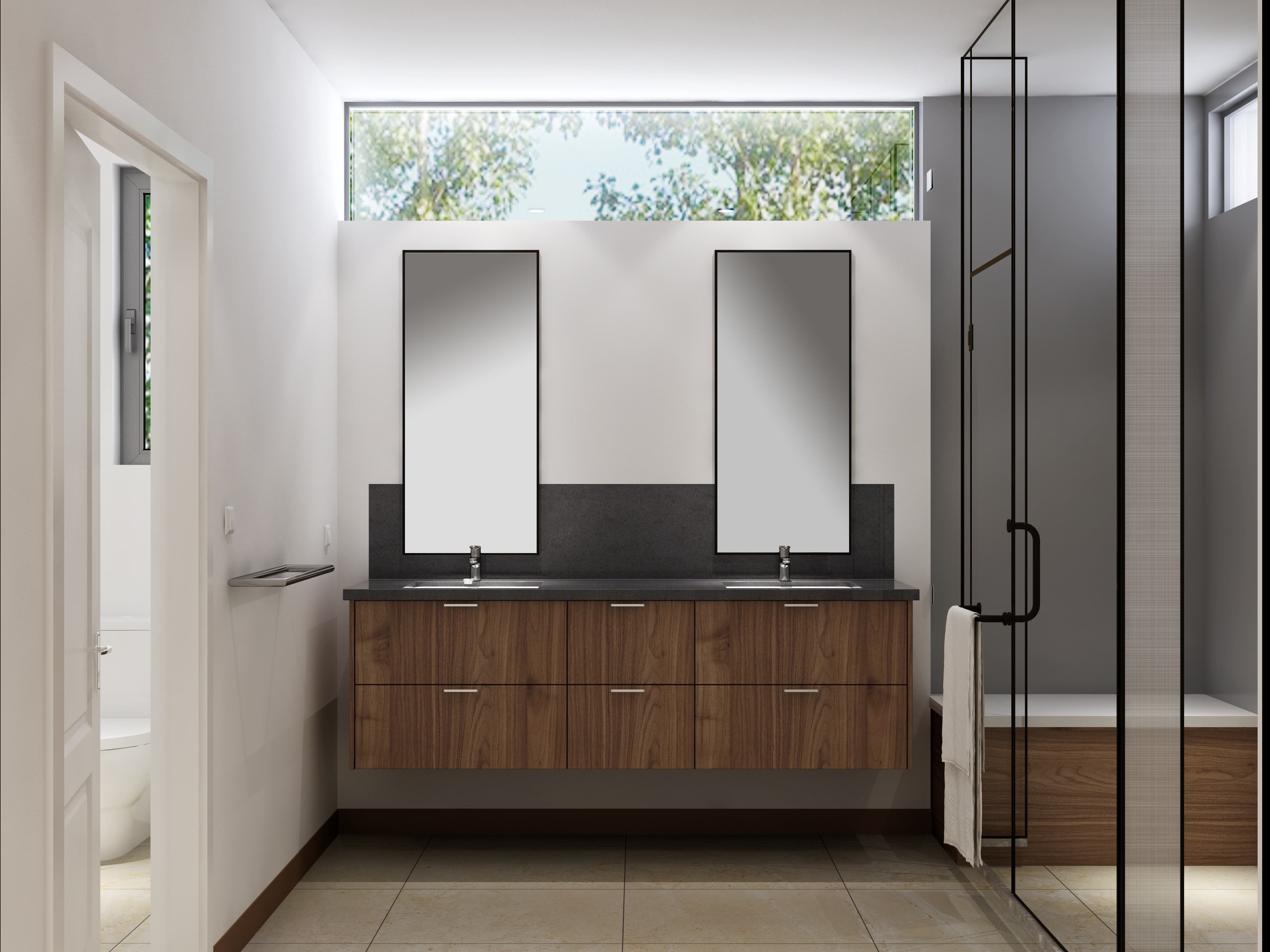 Walnut floating vanity with dark counter
