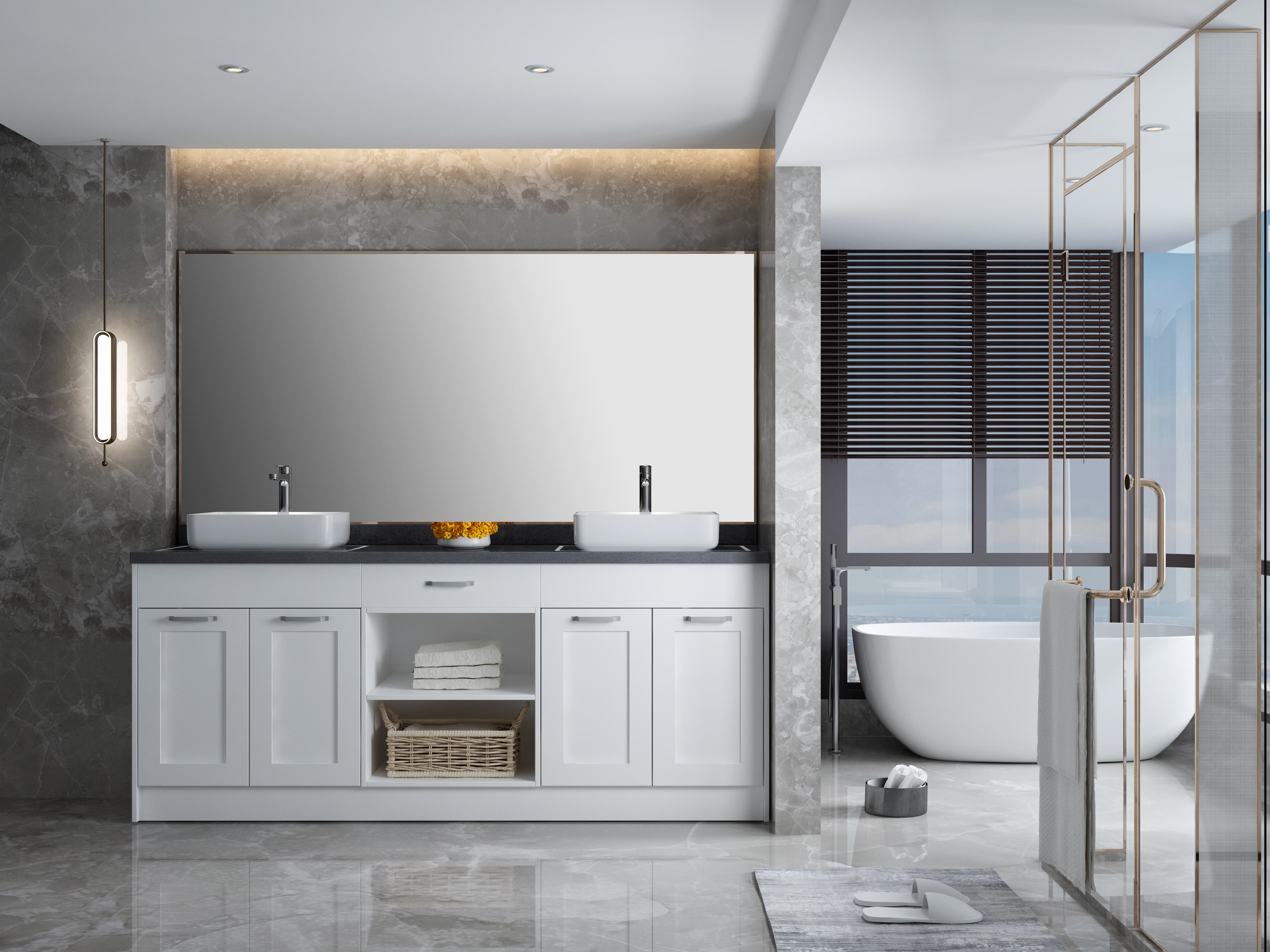 White Shaker double vanity with dark counter