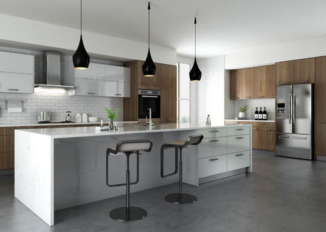 Two-tone walnut and white gloss kitchen cabinets