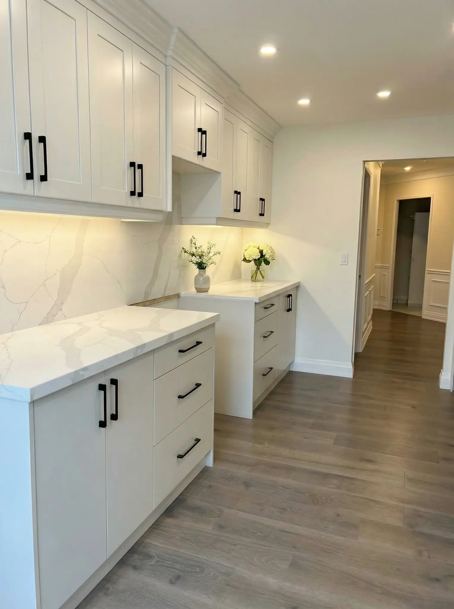 Freshly installed white Shaker kitchen cabinets