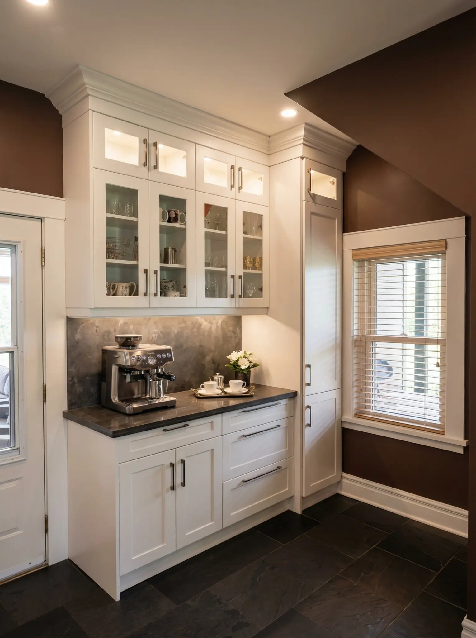 White butler's pantry with glass cabinets