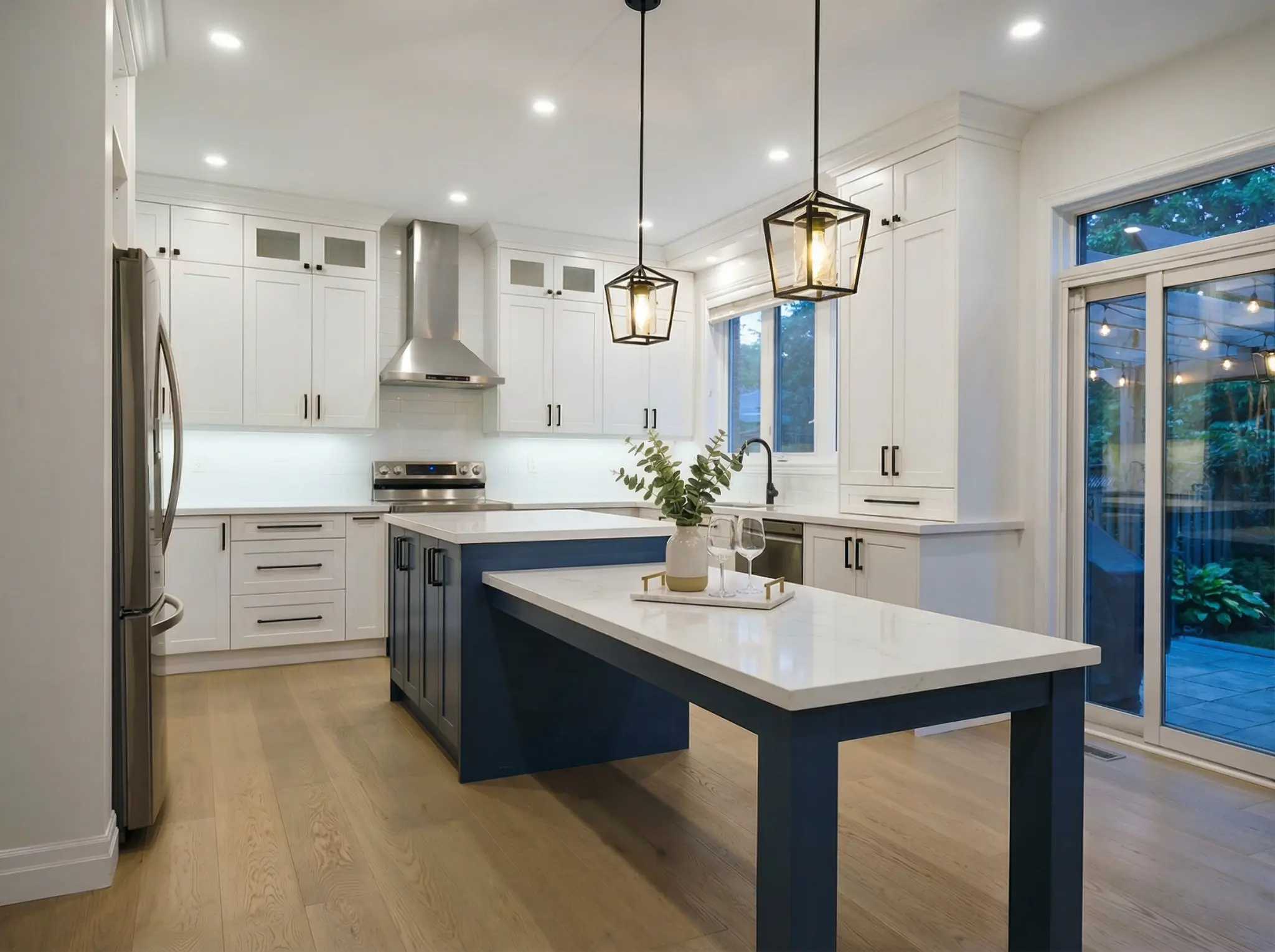 Modern kitchen with a navy island and white cabinets