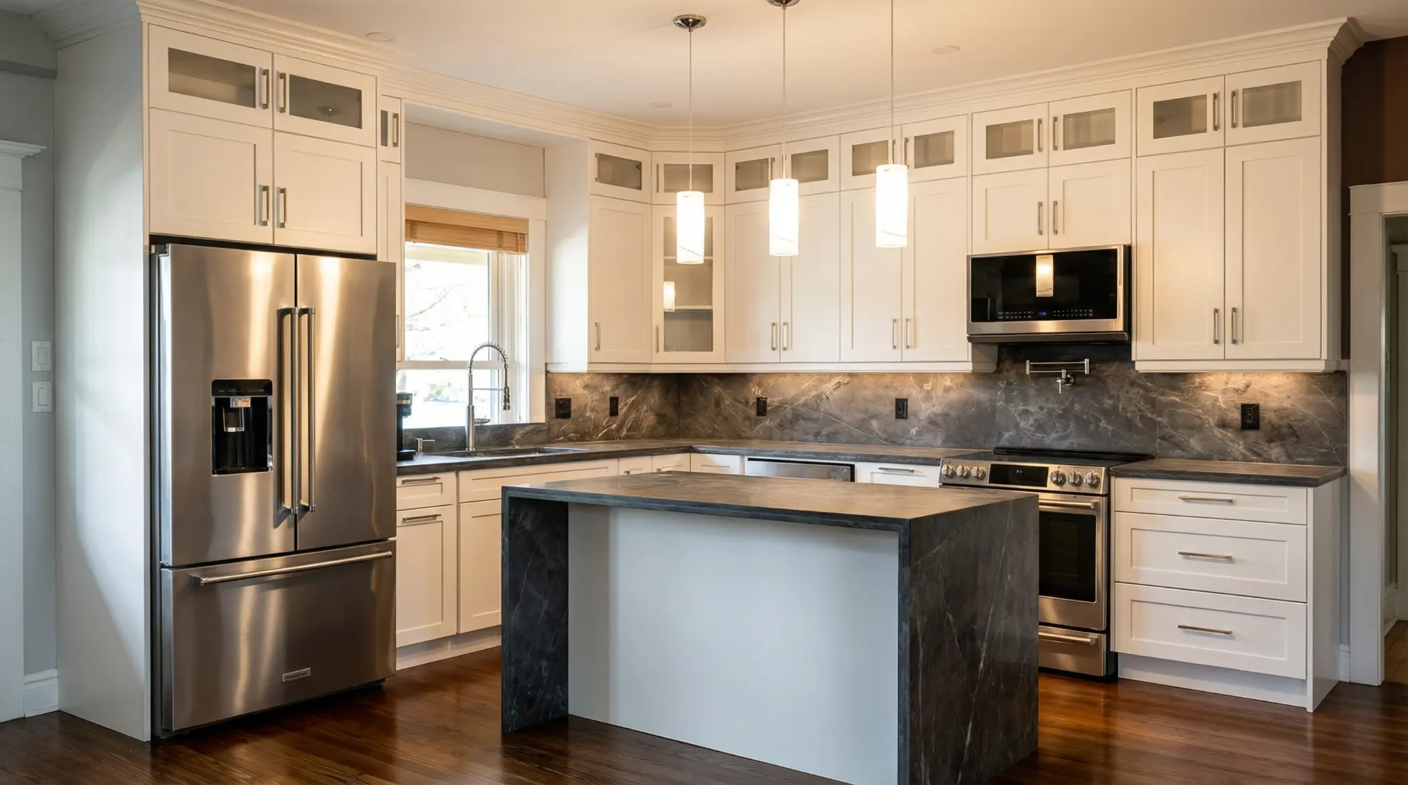 Cream kitchen with a dark stone island, professionally installed