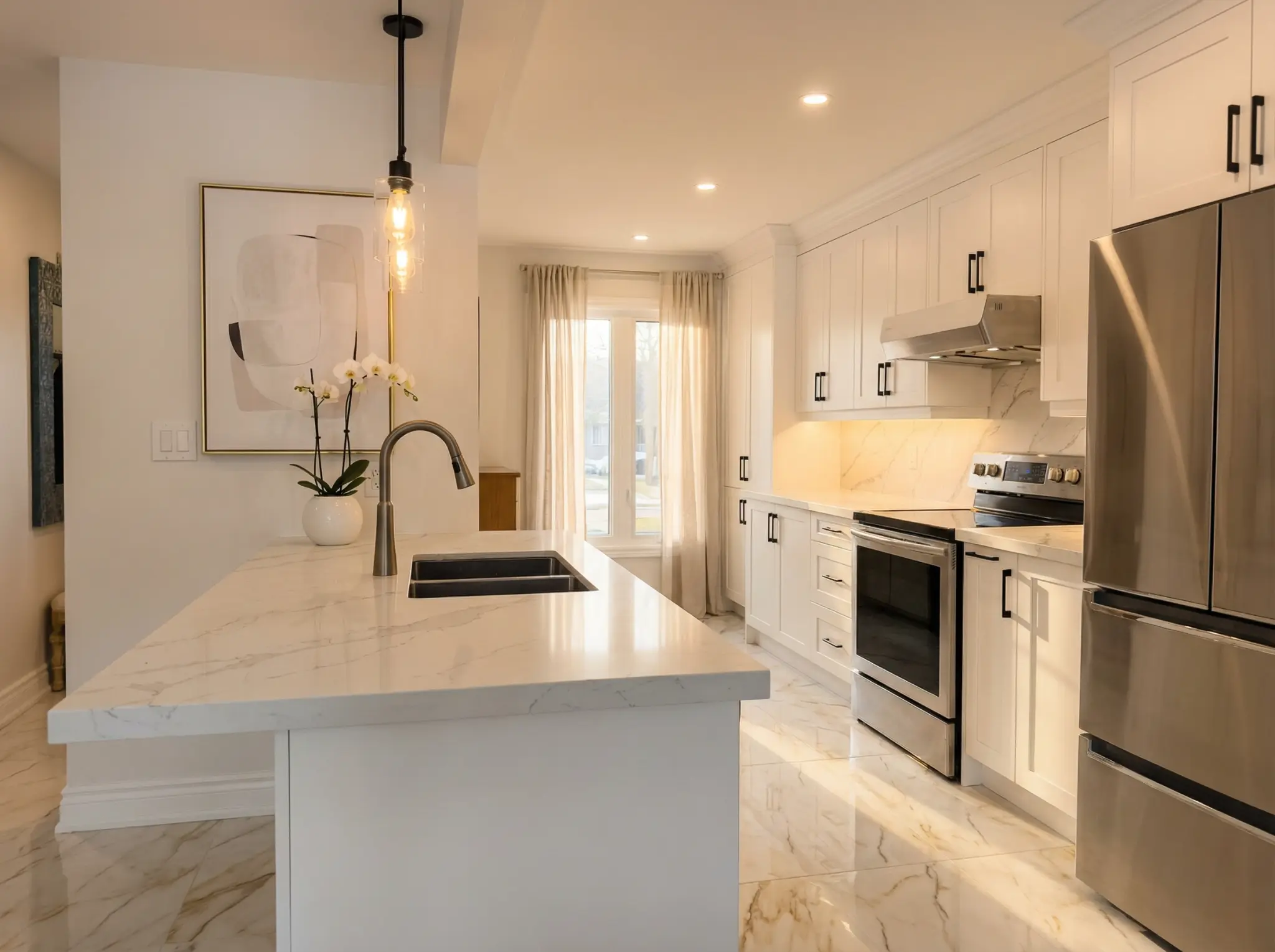 Bright kitchen with marble-look quartz countertops