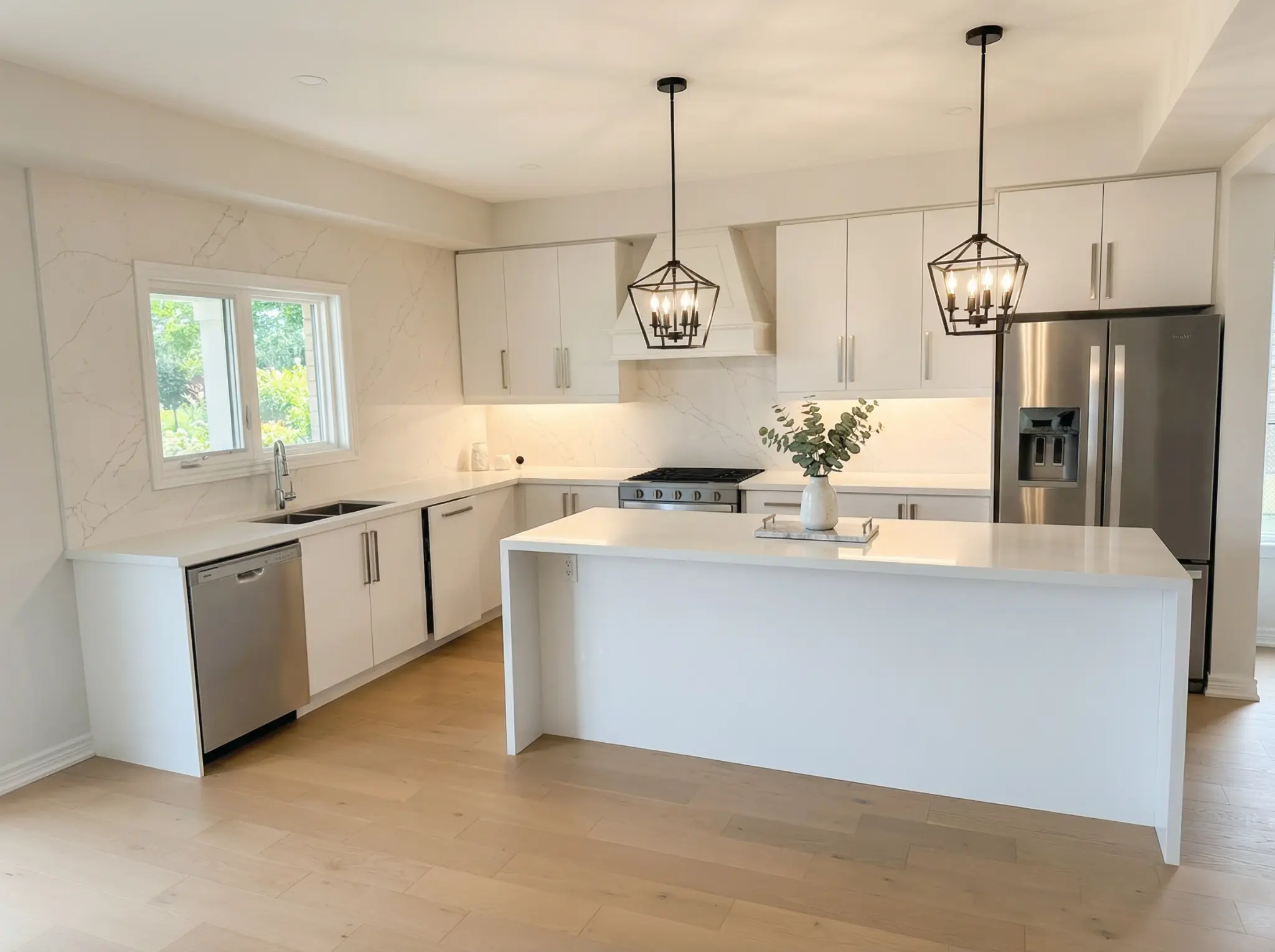 White kitchen with waterfall island