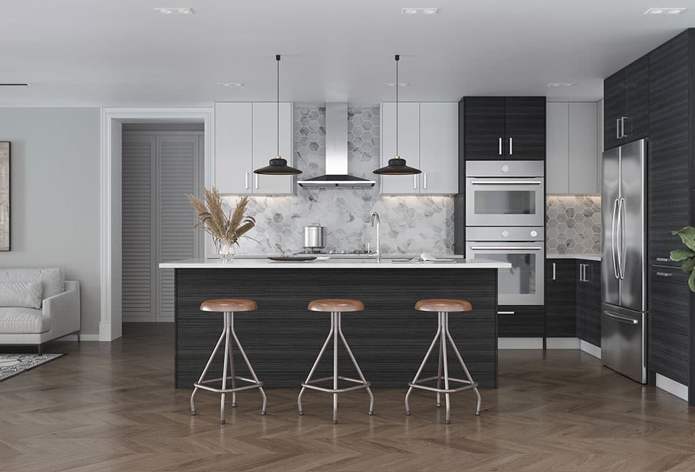 Two-tone kitchen with island and bar stools